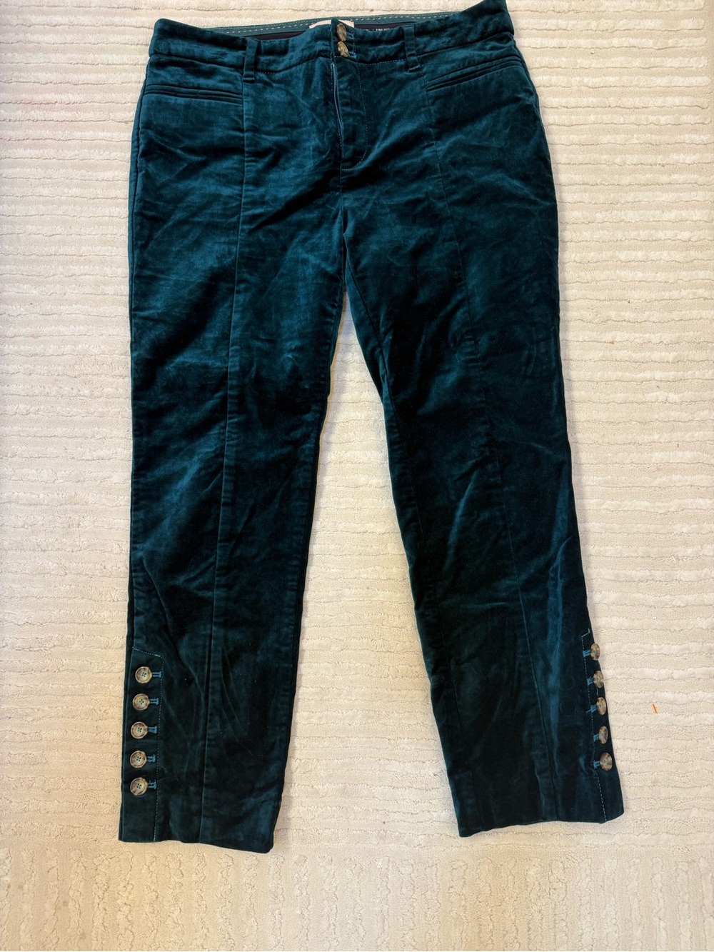 Anthropologie Essential Slim Teal Velvet Button Ankle Pants Size 6